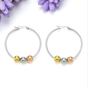 🆕️‎ 18K Gold Plated Stainless Steel Tri-Color Beaded Hoop Earrings Trendy Chic